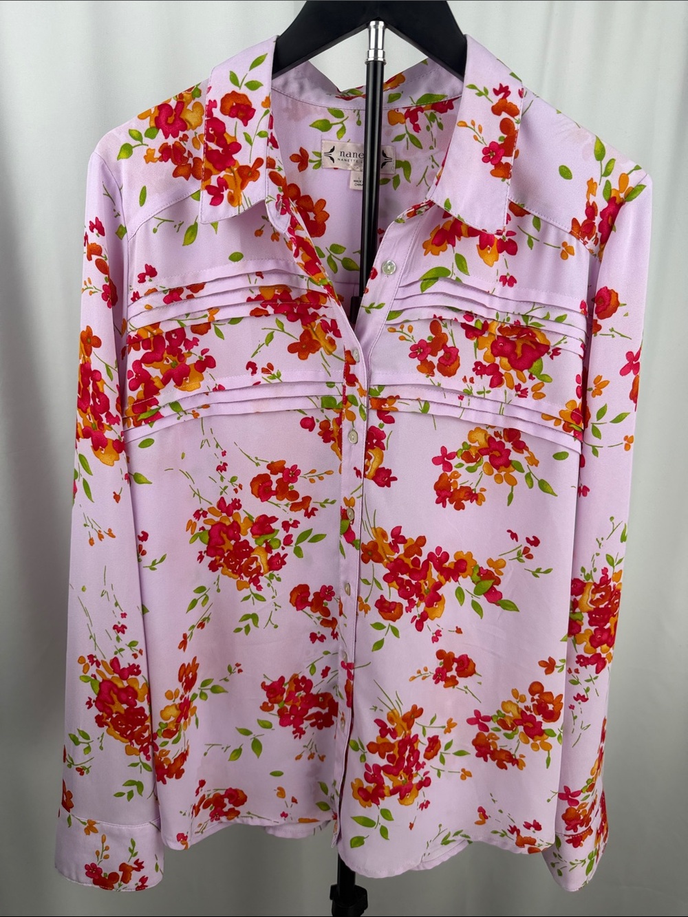 Nanette Lepore Floral Pleated Button Down Blouse Pink Orange Green Size L
